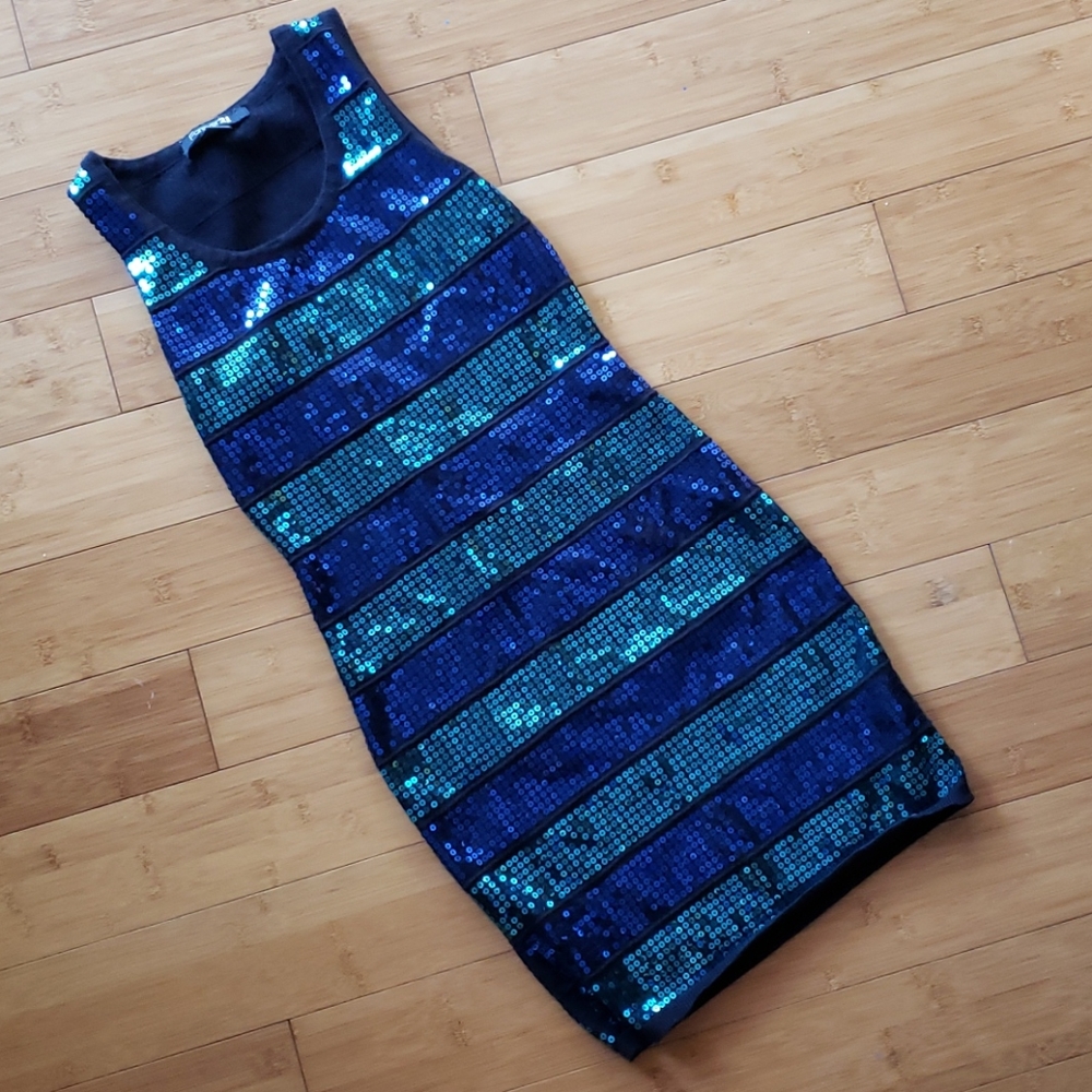 Forever 21 cequin navy turquoise stripe mini dress